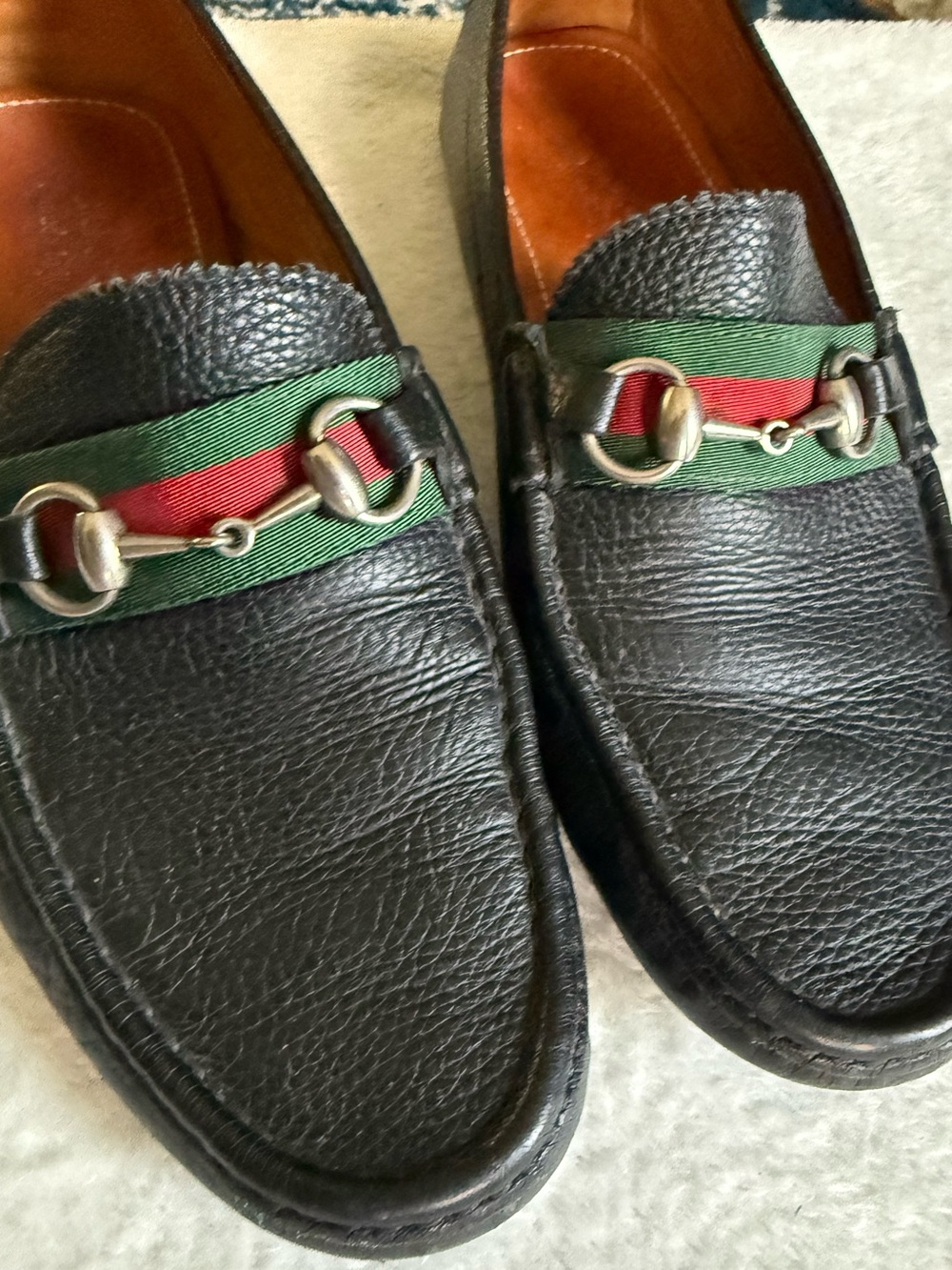 Gucci Black Leather Horsebit Loafers with Green & Red AUTHENTIC!! Fits Sz.9 Men